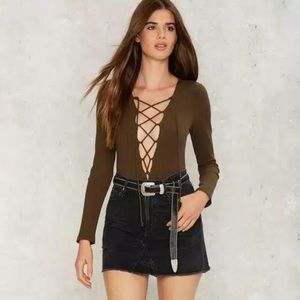 Nasty Gal Wide Open Spaces Ribbed olive Bodysuit